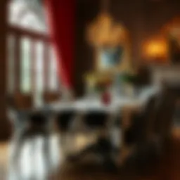 A beautifully set dining table featuring a cow pattern tablecloth enhancing the overall aesthetic.