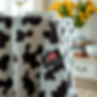 An artist's inspiration board featuring cow pattern designs alongside eco-friendly material options for tablecloths.