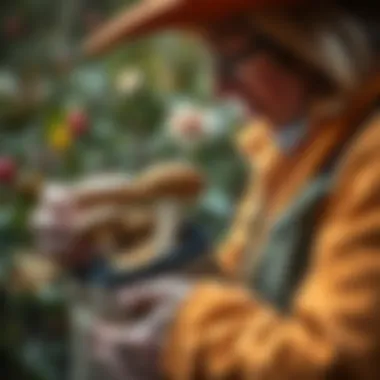 Mushroom forager examining a freshly picked mushroom in a bag