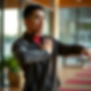 Yogi performing a pose while wearing a yoga jacket with thumb holes