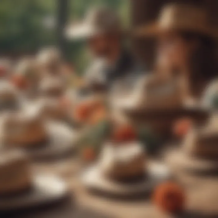 Rustic wedding scene featuring a couple with cowboy hats