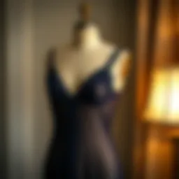Elegant navy blue negligee displayed on a vintage mannequin