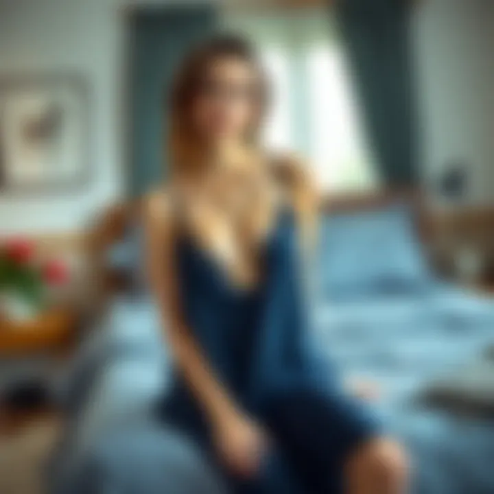 Contemporary Loungewear: Stylish and Comfortable Stylish navy blue negligee ensemble showcased in a modern bedroom setting