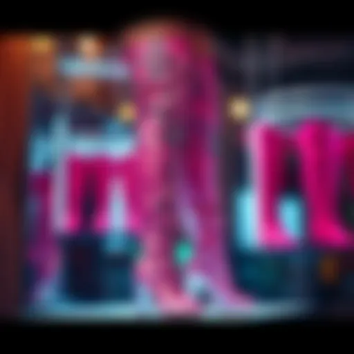 Elegant display of pink thigh boots showcasing intricate design elements