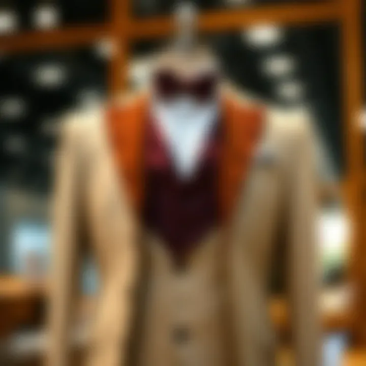 Elegant suit with vest and bowtie ensemble displayed on a mannequin