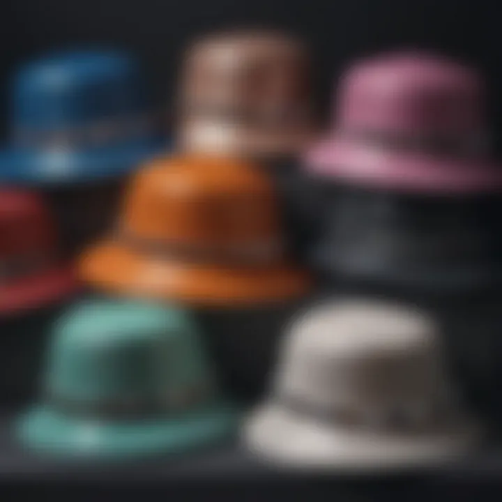 Different design variations of rhinestone bucket hats displayed together