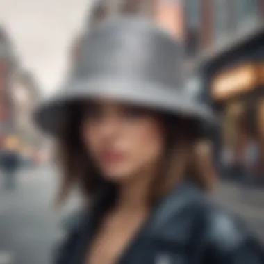 Stylish individual wearing a rhinestone bucket hat in an urban setting