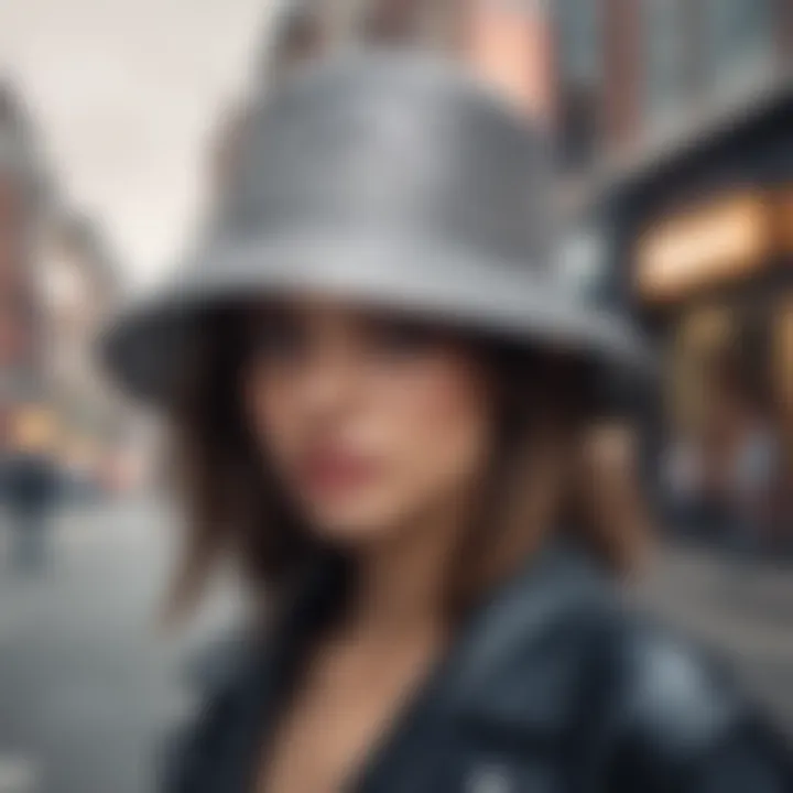 Stylish individual wearing a rhinestone bucket hat in an urban setting