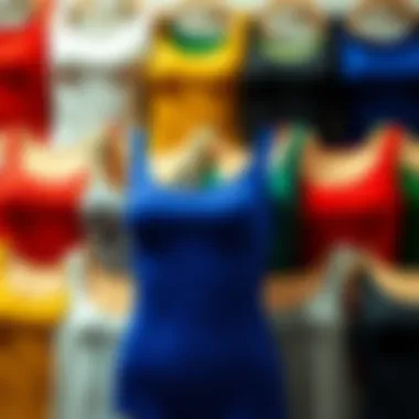 A stylish display of various scoop tank bodysuits in diverse colors and patterns.