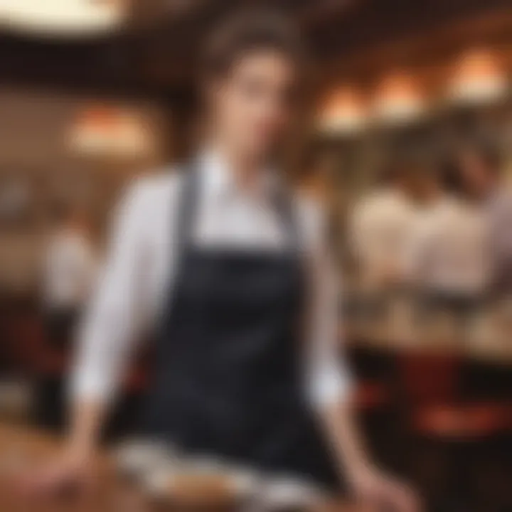 A server wearing a chic short apron in a bustling restaurant