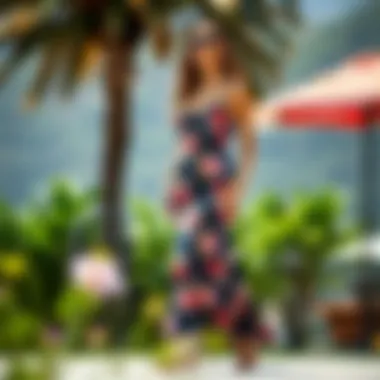 A vibrant outdoor setting showcasing a model in a floral slimming maxi dress