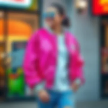 A vibrant outfit showcasing a sparkly bomber jacket styled with casual attire