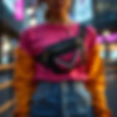 A stylish fanny pack worn across the chest with trendy outfit.