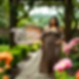 Flowing plus size chiffon dress in a garden setting