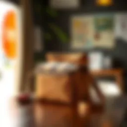 Stylish lunch bag with crossbody straps placed on a table