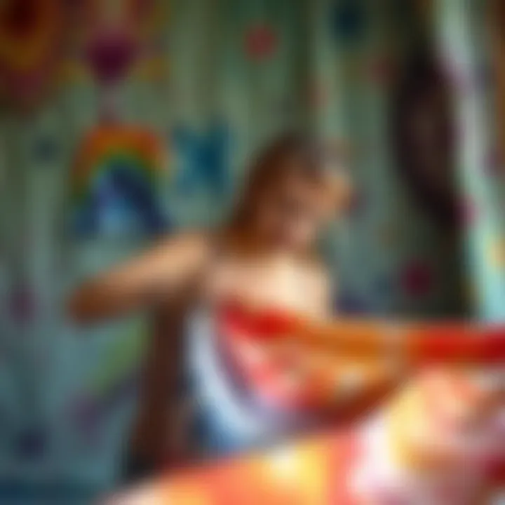 An artist applying dye to fabric for a unique photo backdrop