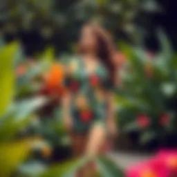 Vibrant tropical print romper showcased in a lush garden