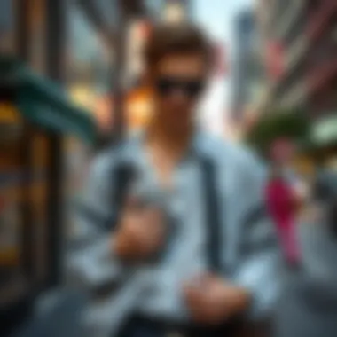 Traveler using an under clothes travel wallet in an urban setting