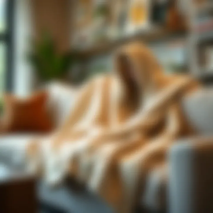Cozy soft hoodie blanket draped over a modern couch