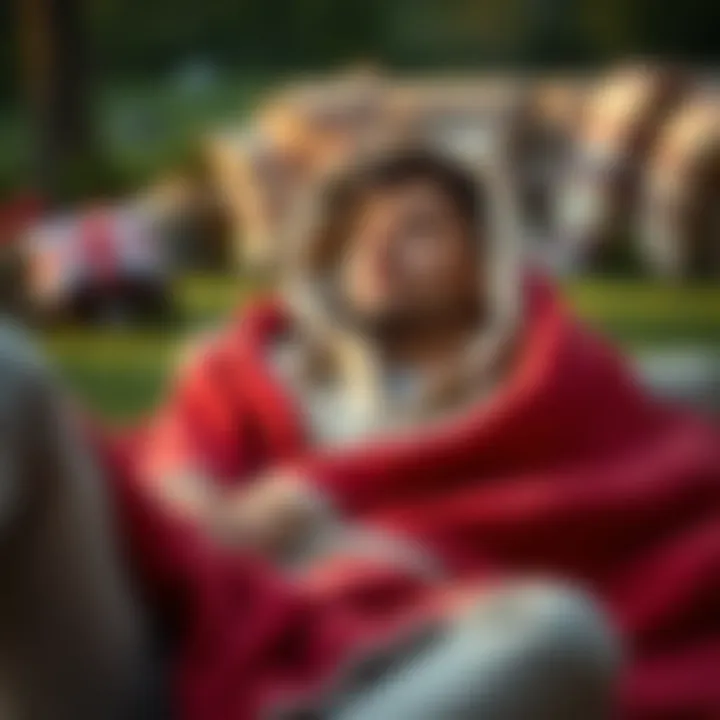 Stylish individual lounging in a soft hoodie blanket outdoors
