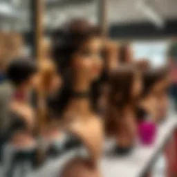 An elegant display of a wig stand with a mannequin head showcasing various hairstyles.