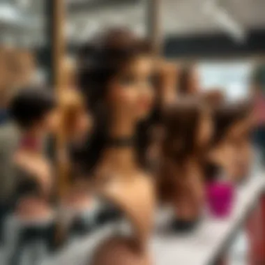 Elegant Display of Wig Stand and Mannequin Head An elegant display of a wig stand with a mannequin head showcasing various hairstyles.