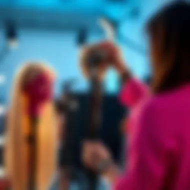 Stylist Using Wig Stand for Fashion Shoot A stylist using a wig stand with a mannequin head for a fashion shoot.