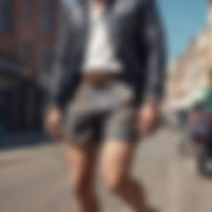 A fashionable individual walking in paisley print shorts in an urban setting