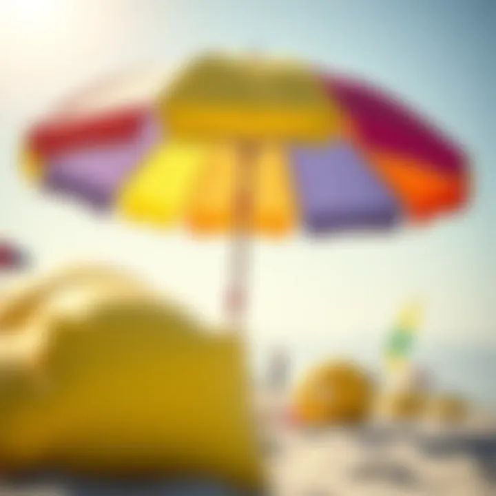 Secured Beach Umbrella Colorful beach umbrella secured with sand bag anchors on a sunny beach