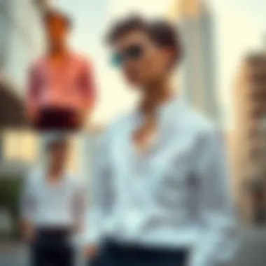 Fashion model showcasing the versatility of an asymmetrical button-up shirt in different settings