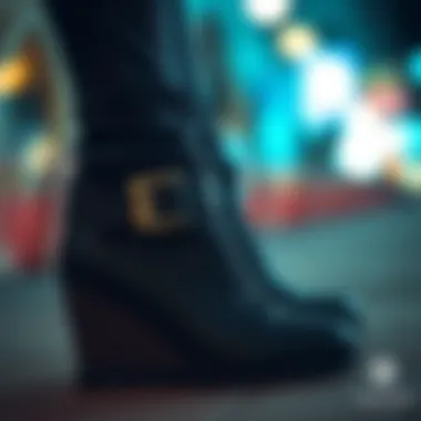 Close-up of the unique buckle detailing on wedge boots.